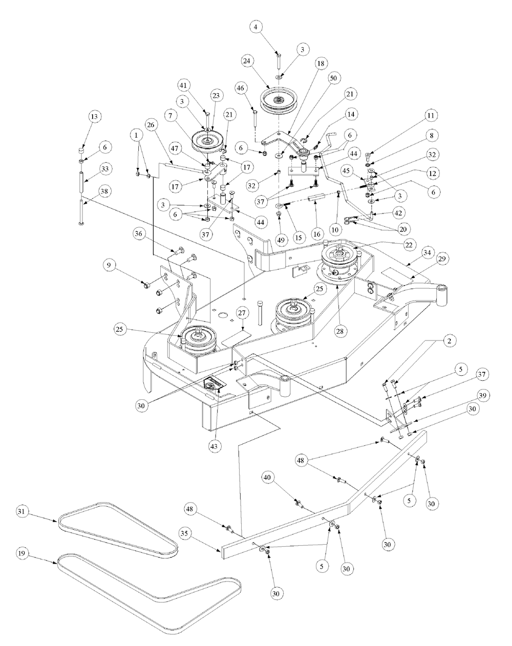 Deck Assembly Diagram and Parts List for G1548 55AE232S750-WAM Cub Cadet Lawn Mower
